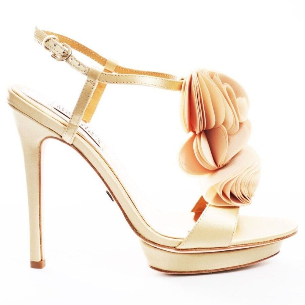 Badgley Mischka Heels Womens Randee Ruffle Flower Ankle Strap in Gold Satin - Picture 4 of 6